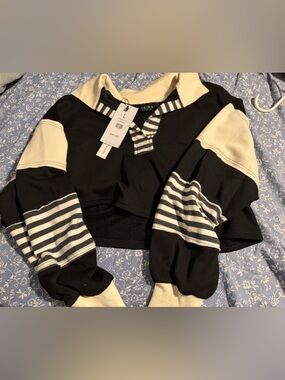 AKIRA Black and Cream Striped Cropped Pullover
